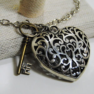 Necklace Silver Filigree Heart Bronze Key - 883